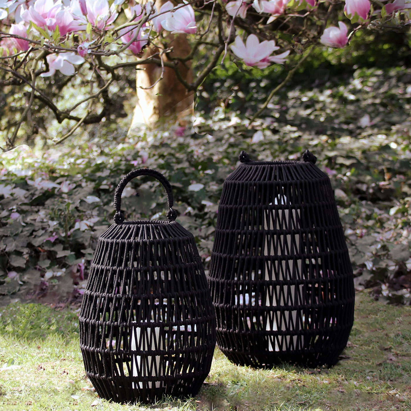 Cahaya Outdoor Laterne schwarz,"Fish net rope", H 47 cm D 35 cm
